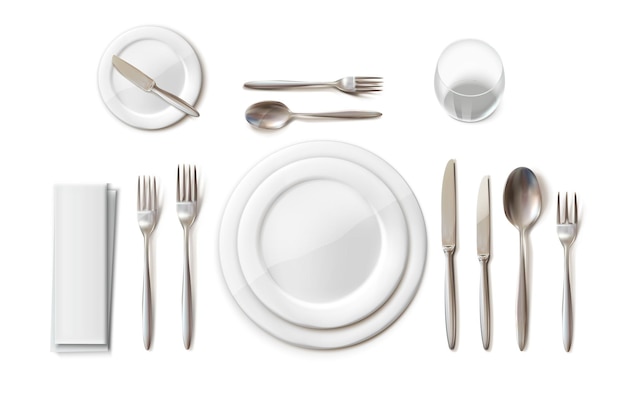 Vector dinner table setting set with cutlery plates and glass realistic vector