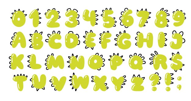 벡터 디노 알파벳 및 숫자 공룡 용이나 괴물의 갈기가 있는 간단한 손으로 그린 만화 스타일의 재미있는 만화 글꼴 흰색 배경에 녹색 격리 낙서