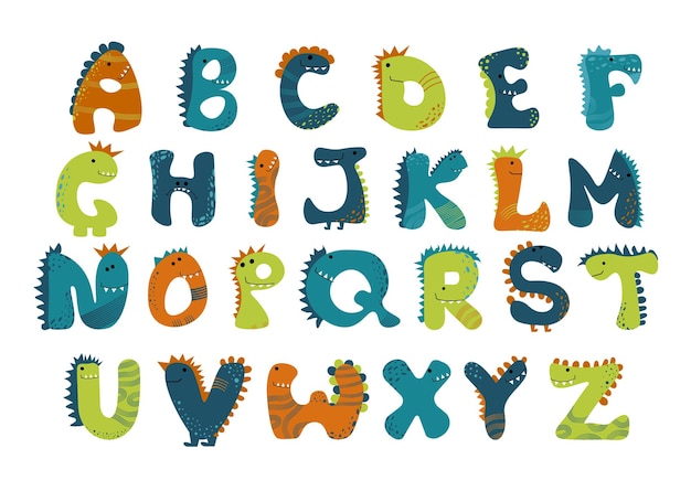 Dino alphabet funny comic letters in cartoon style