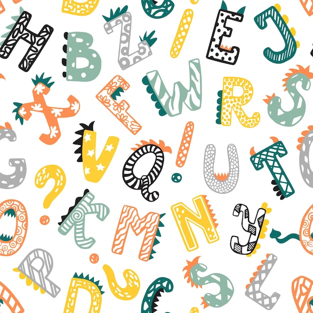 Dino alphabet seamless vector pattern abc letters in style of dinosaurs colorful alphabet pattern