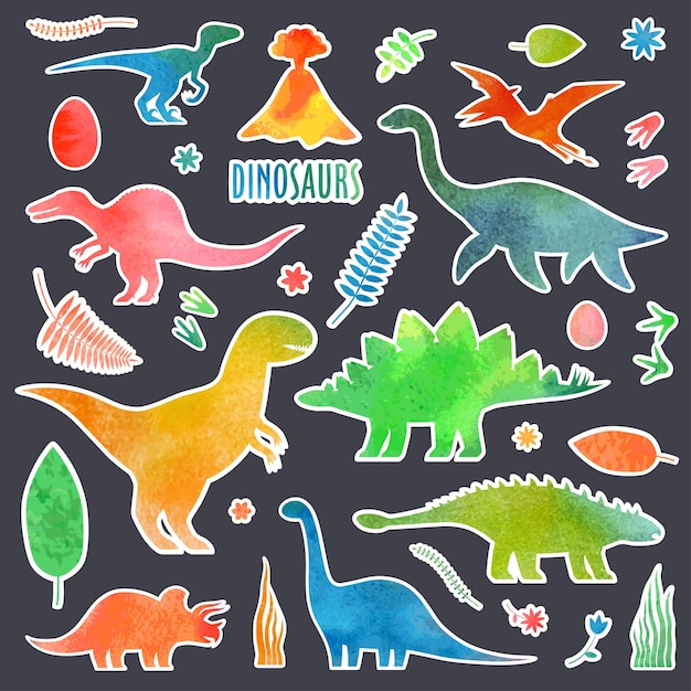 Vector dino aquarel stickers set