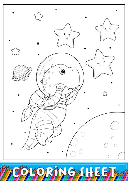 Dino astronaut in space cartoon coloring sheet for kids