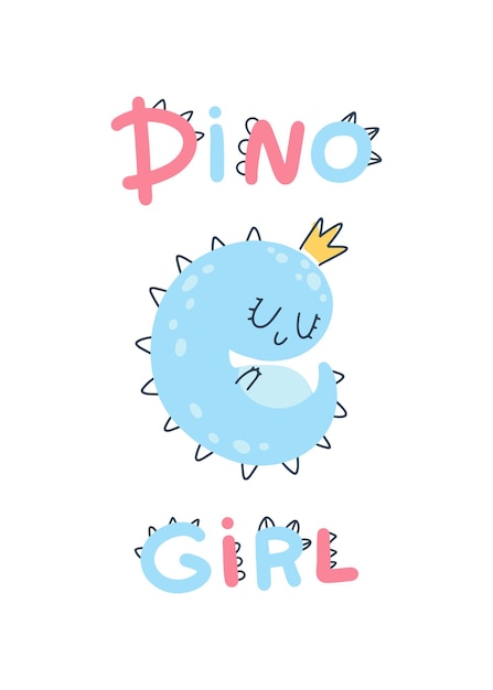 Dino baby princess poster with cute lettering. Childish simple scandinavian cartoon doodle style. A comic font ideal for room nursers. Pastel palette.