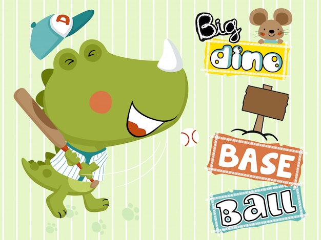 Dino cartoon spelen honkbal met kleine muis