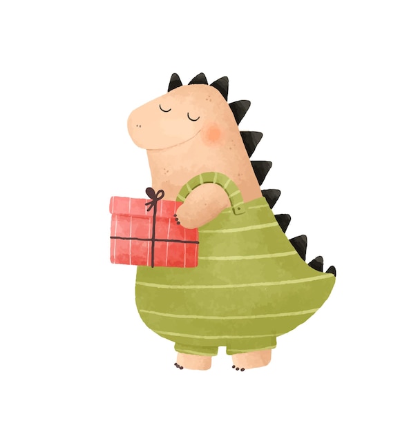 Vettore dino carino dinosauro illustrazione divertenti dinosauri di cartone alla festa di compleanno con palloncini regali su bianco