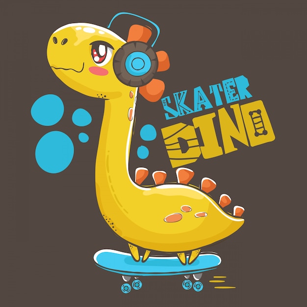 Dino die aan muziek op skateboardillustratie luistert