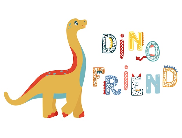 Дино друг милый простой дизайн для ребенка Прохладный динозавр брахиозавр для печати на футболке Векторный ребенок