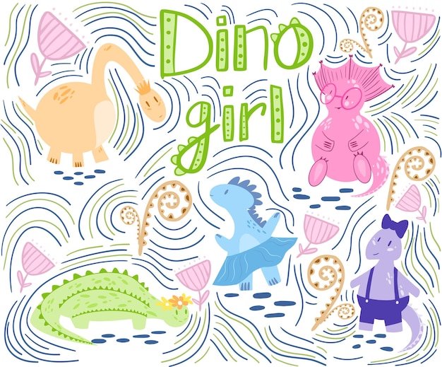 Dino girls with abstract background fern and flowers in a flat style Suitable for children's books textiles tshirts covers banners