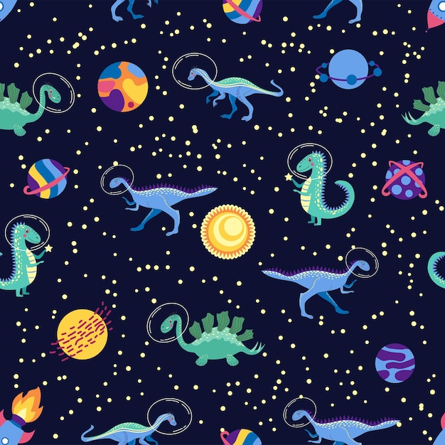 Dino in de ruimte naadloos patroon Leuke draakkarakters dinosaurus reizende melkweg met sterren planeten Kinderen cartoon achtergrond Illustratie van astronaut draak kinderen inwikkeling met kosmische dino