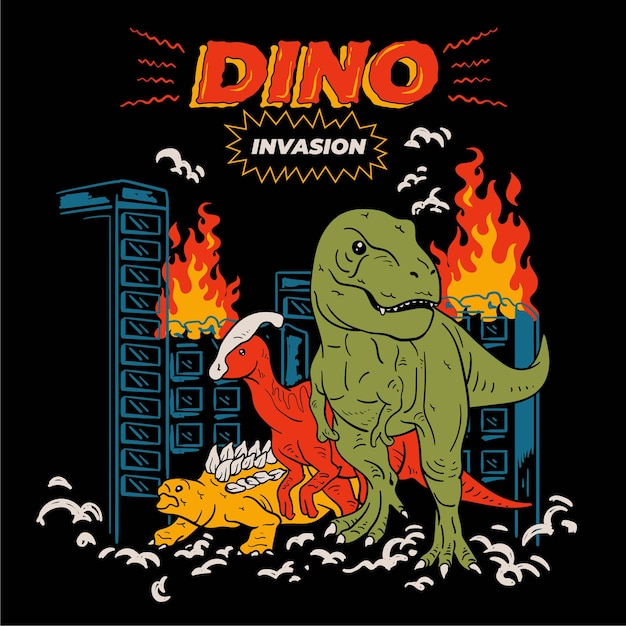 Dino invasion fantasy of dinosaurs in town vector illustration