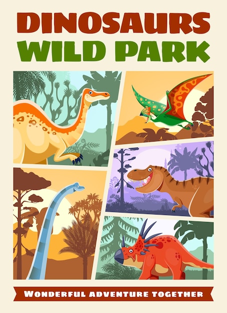 Dino park retro poster or flyer dinosaurs collage