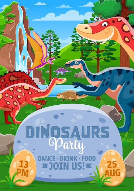 Vector dino party flyer with cartoon dinosaurs in jungle