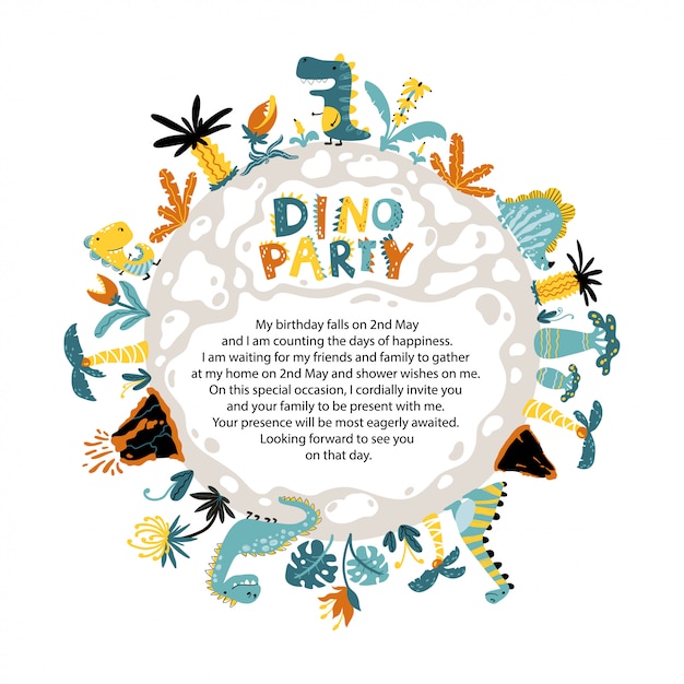 Dino party invitation of a round planet with dinosaurs, volcanoes and tropical fantastic plants.