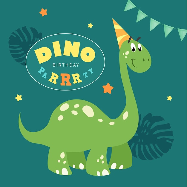 Dino Party-ontwerpsjabloon Gelukkige verjaardag-wenskaart Cartoon kinderachtige dinosaurus Beste voor uitnodigingen, flyers, posters enz. Vectorillustratie