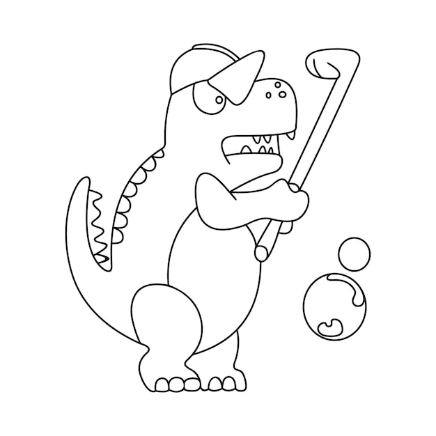 Dino playing golf hand draw line art cartoon vector