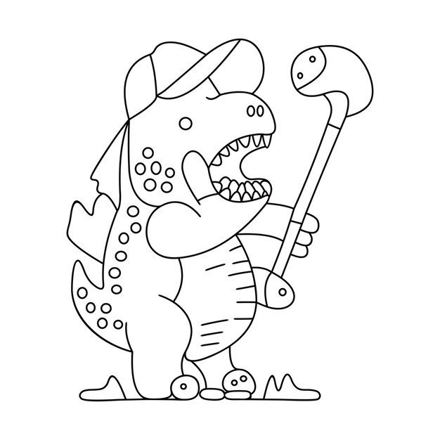 Dino playing golf hand draw line art cartoon vector