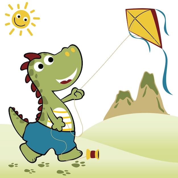 Dino playing kite, vector cartoon