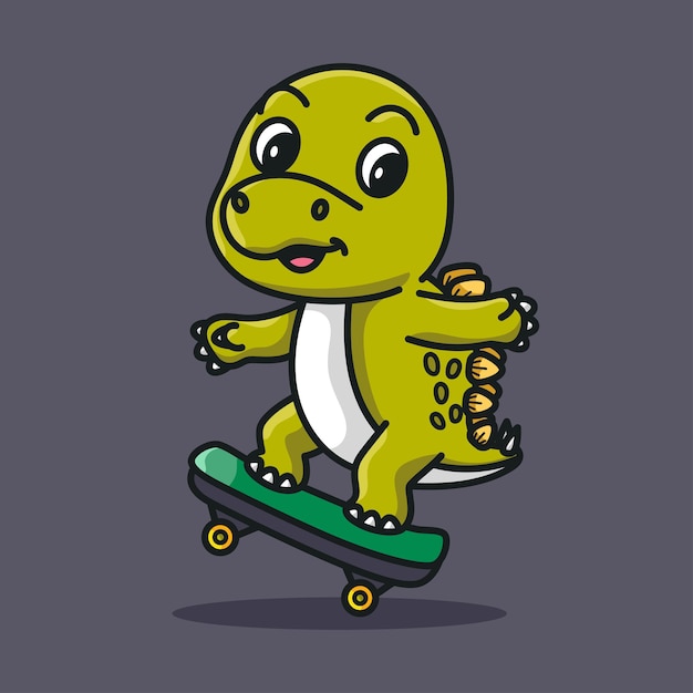 Vector dino playing skateboard cartoon character