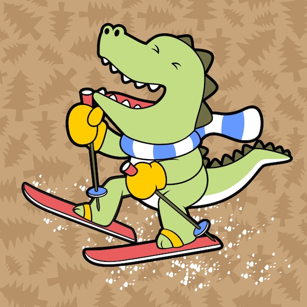 Dino playing ski cartoon vector