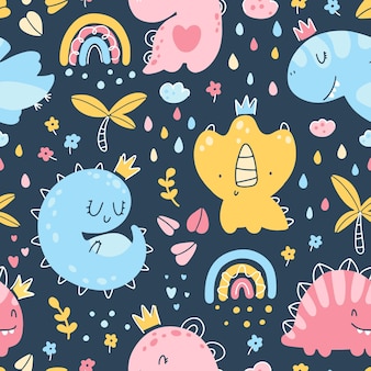 Dino princess seamless pattern. Girls dinosaurs with crowns in the jungle with a rainbow. Childish hand-drawn Scandinavian style. Vector texture for baby clothes, packaging, wallpapers, textiles