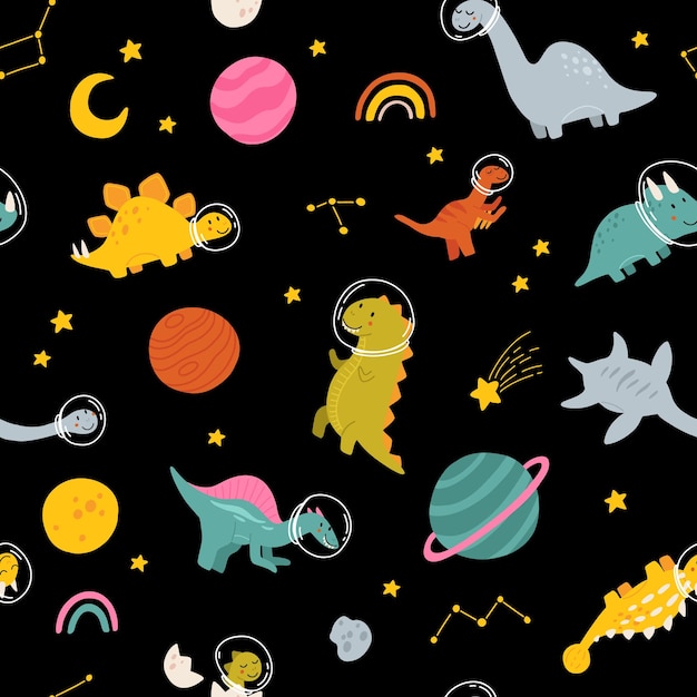 Dino in space seamless pattern Cute dragon characters dinosaur traveling galaxy with stars planets Kids cartoon vector background Illustration of astronaut dragon kids wrapping with cosmic dino