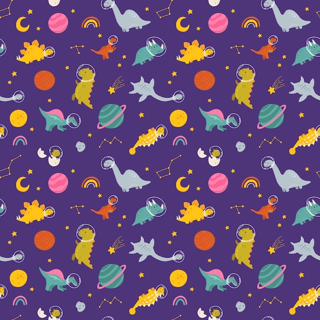 Dino in space seamless pattern Cute dragon characters dinosaur traveling galaxy with stars planets Kids cartoon vector background Illustration of astronaut dragon kids wrapping with cosmic dino