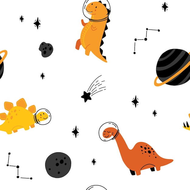 Dino in space seamless pattern Cute dragon characters dinosaur traveling galaxy with stars planets Kids cartoon vector background Illustration of astronaut dragon kids wrapping with cosmic dino