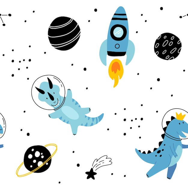 Dino in space seamless pattern Cute dragon characters dinosaur traveling galaxy with stars planets Kids cartoon vector background Illustration of astronaut dragon kids wrapping with cosmic dino