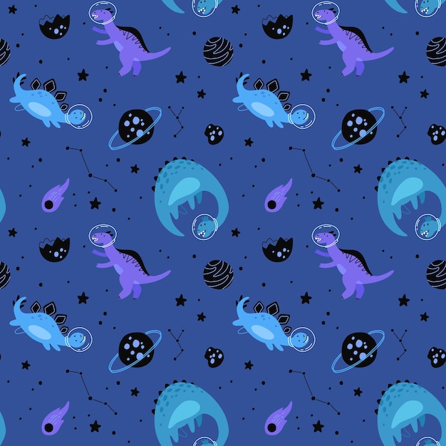 Dino in space seamless pattern Cute dragon characters dinosaur traveling galaxy with stars planets Kids cartoon vector background Illustration of astronaut dragon kids wrapping with cosmic dino