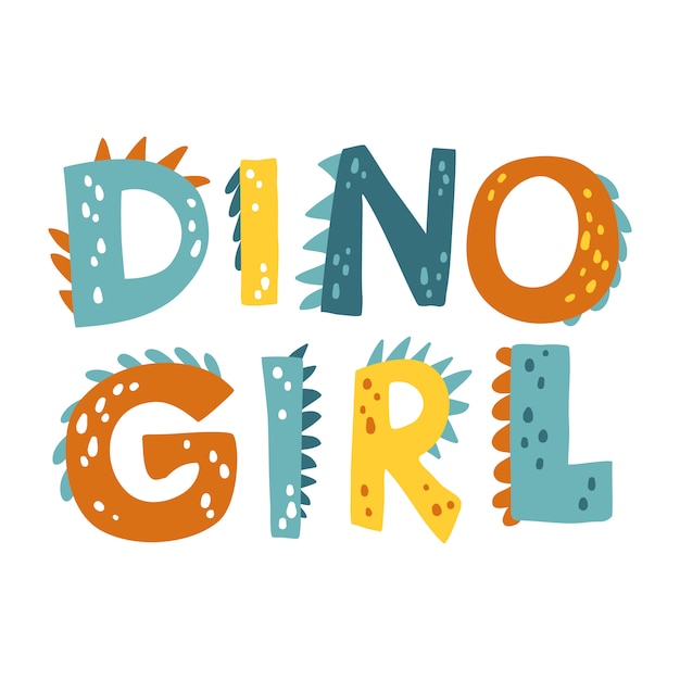 Vector dinosaur belettering. dino girl. illustratie in cartoon scandinavische stijl.