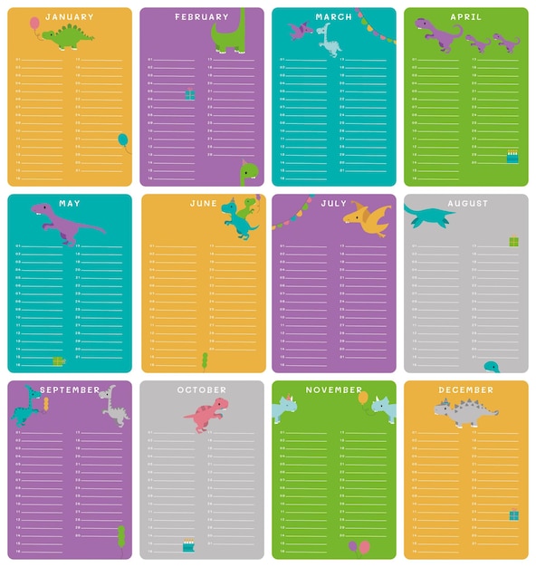 Vector dinosaur birthday calendar