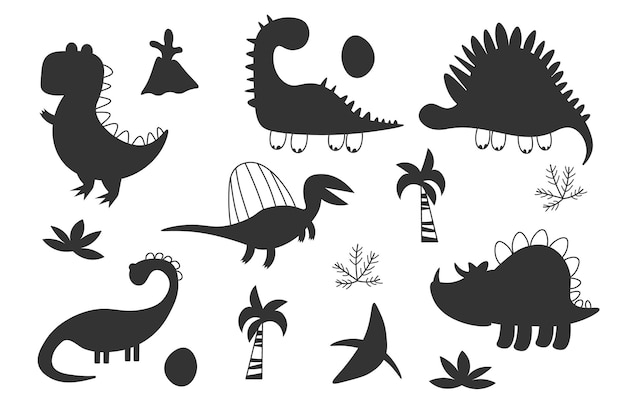 Set di silhouette nere di dinosauro collezione di forme di rettili predatori ed erbivori dino dinosauri divertenti design per bambini per tessuto o tessuto illustrazione vettoriale isolato eps