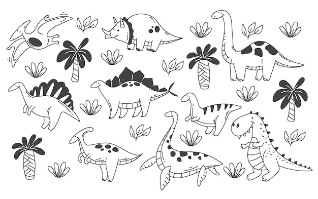 Vector dinosaur cute animal line simple style isolated set collection graphic design illustration