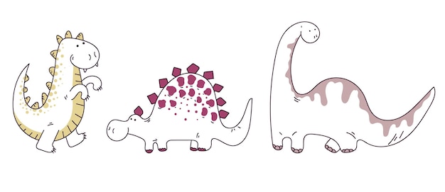 Vettore dinosauro carino doodle schizzo linea arte animale isolato set collezione graphic design cartone animato