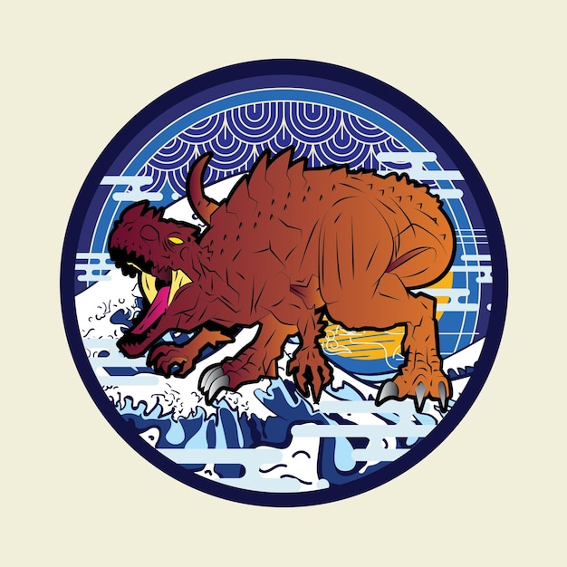 Illustrazione di design di dinosauro con sfondo in stile giapponese