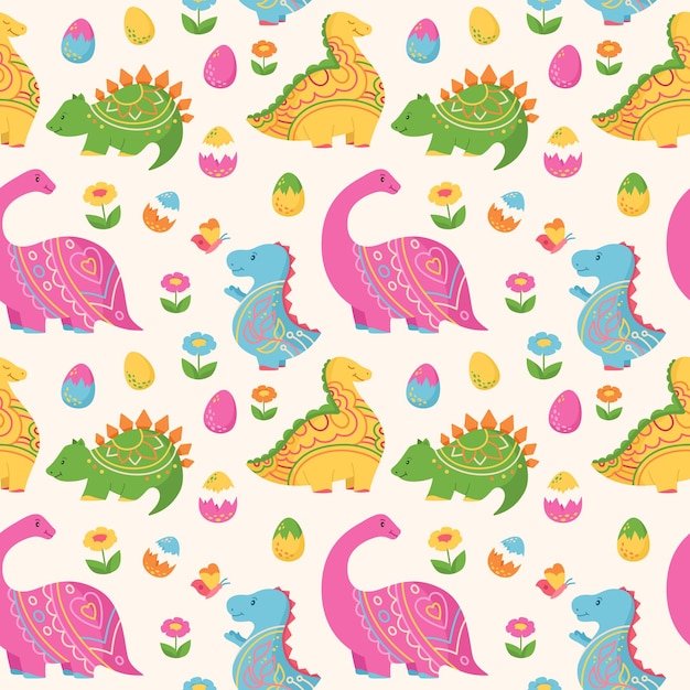 Dinosaur doodle cute seamless pattern childish character boundless ornament wallpaper vector