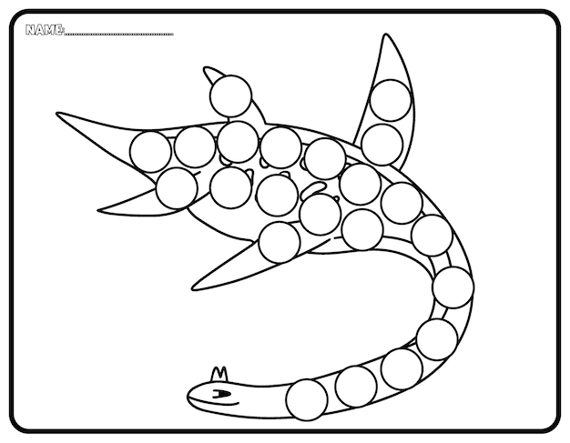 Pagina di attività con pennarello a forma di dinosauro per bambini e ragazzi