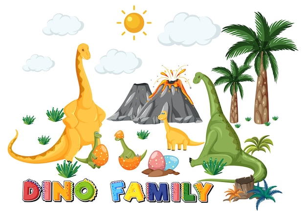 Dinosaur family with forest objects