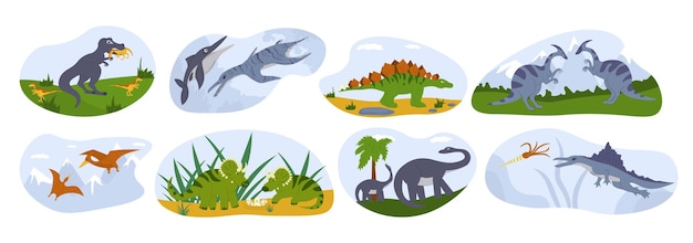 Dinosaur flat set of cartoon compositions with flying armored\
and reptiles animal characters isolated vector illustration