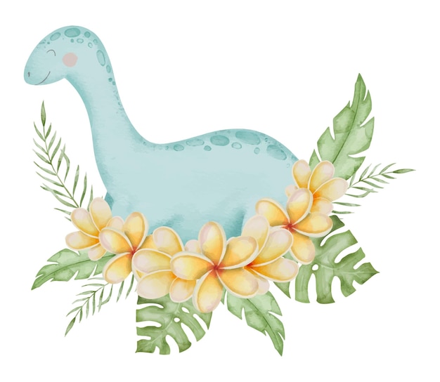 Dinosaur in Flowers Watercolor Vector illustration Hand drawn on isolated background Painting of Diplodocus Dino and plumeria Baby cute animal character for cards and tshirts or posters