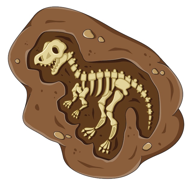 Vector dinosaur fossil skeleton in the soil archeological excavation cartoon style