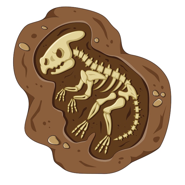 Vector dinosaur fossil skeleton in the soil archeological excavation cartoon style