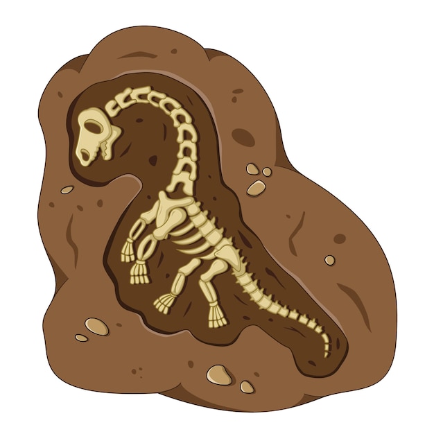 Vector dinosaur fossil skeleton in the soil archeological excavation cartoon style