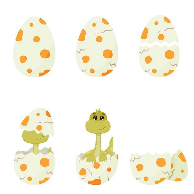 Vector dinosaur hatching from the egg. different birth stages of cute little cartoon dinosaur isolated on white background.