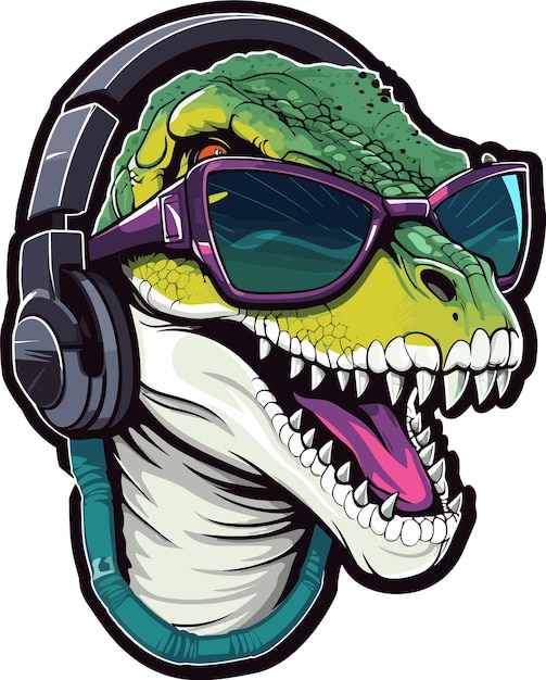 Dinosauro in cuffia e occhiali da sole illustrazione grafica vettoriale