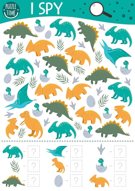 Dinosaur i spy game for kids searching and counting prehistoric activity for preschool children with dinos eggs footprints funny printable worksheet simple seek and find puzzlexa