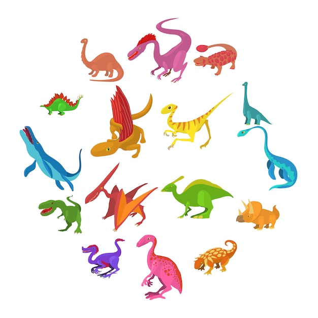 Набор иконок динозавров, мультяшном стиле