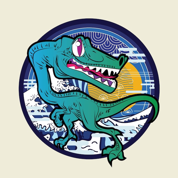 Vector dinosaur illustration with japanese style for kaijune event notebook logo