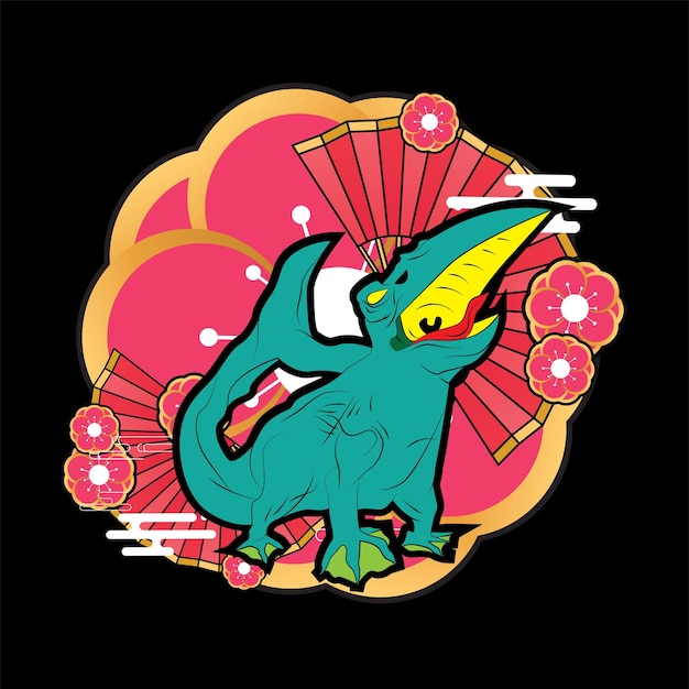 Vettore illustrazione di dinosauro con stile giapponese per il logo del taccuino dell'evento kaijune