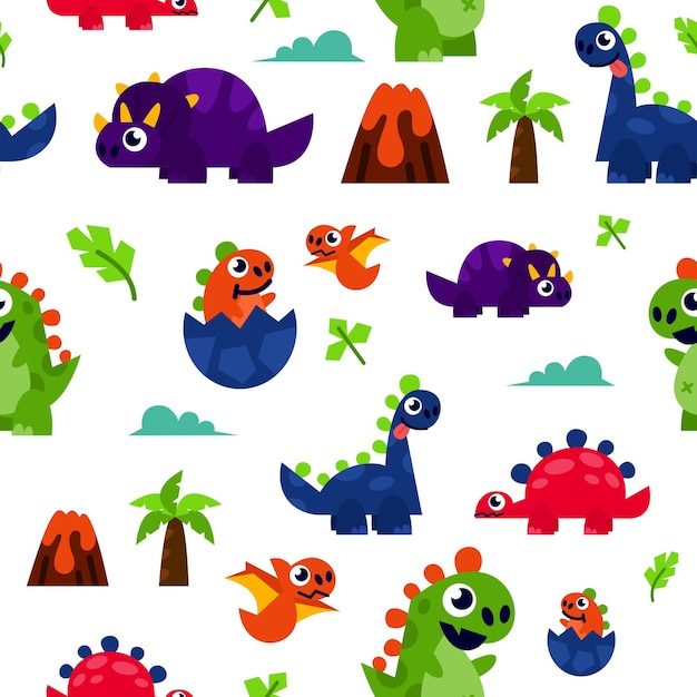 Vettore dinosauro jurassic world seamless pattern carino stile piatto per bambini